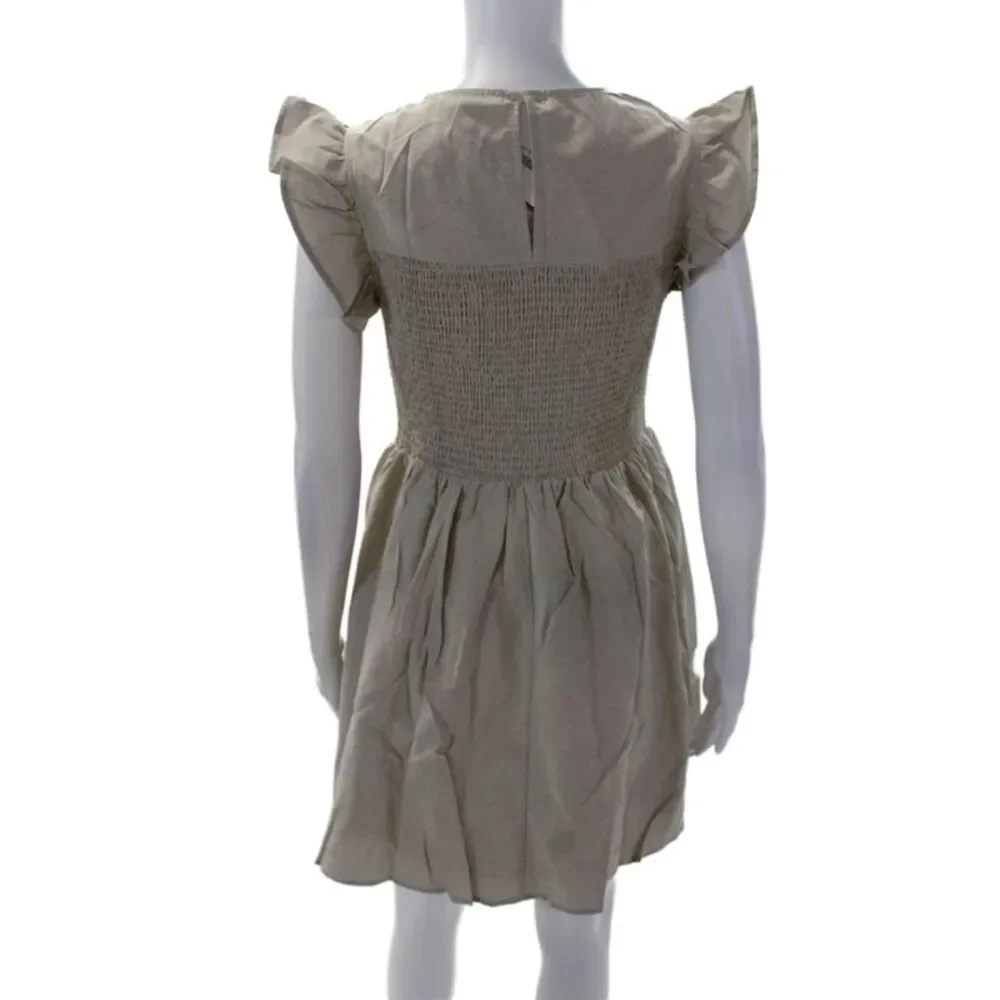 English Factory Women's Round Neck Smocked Ruffle Mini Dress Tan Size S